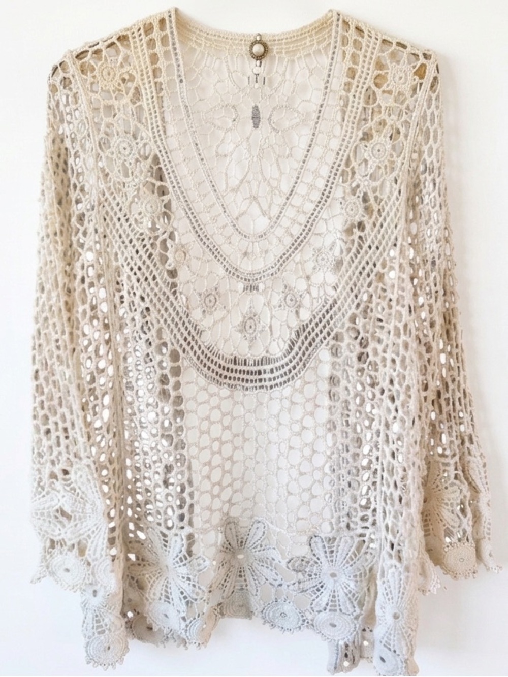 Rebellion Again Crochet Lace Cardigan Ivory Open Knit Top Medium Festival Boho - Picture 4 of 9